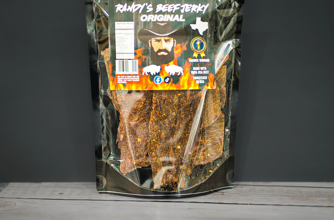 Packaged beef jerky with 'Randy's Beef Jerky' branding on a gray background